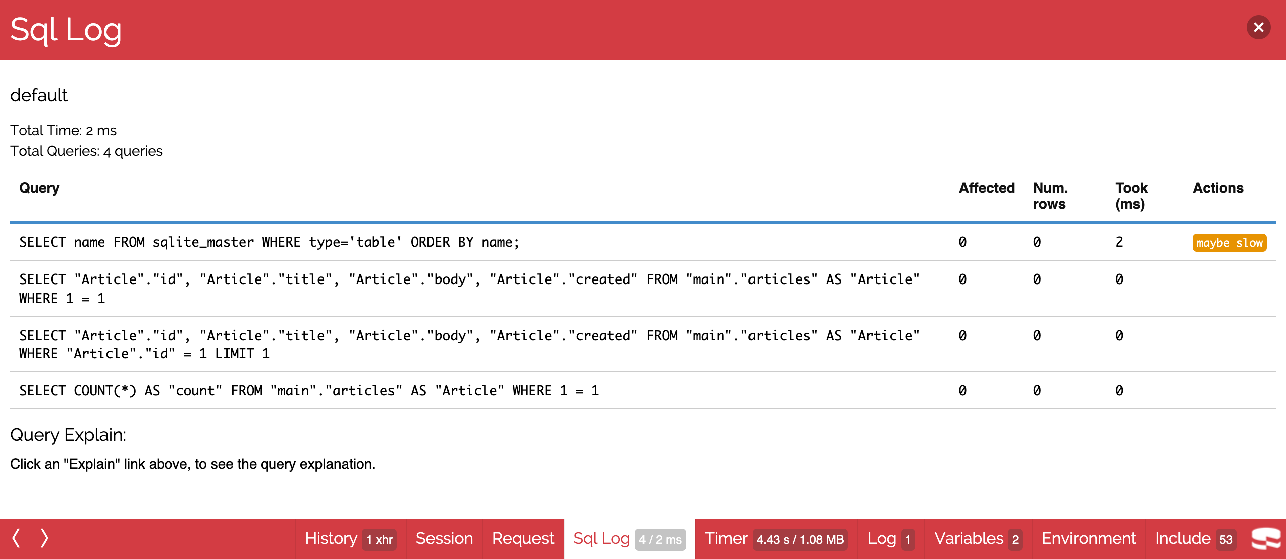 Sql Log panel