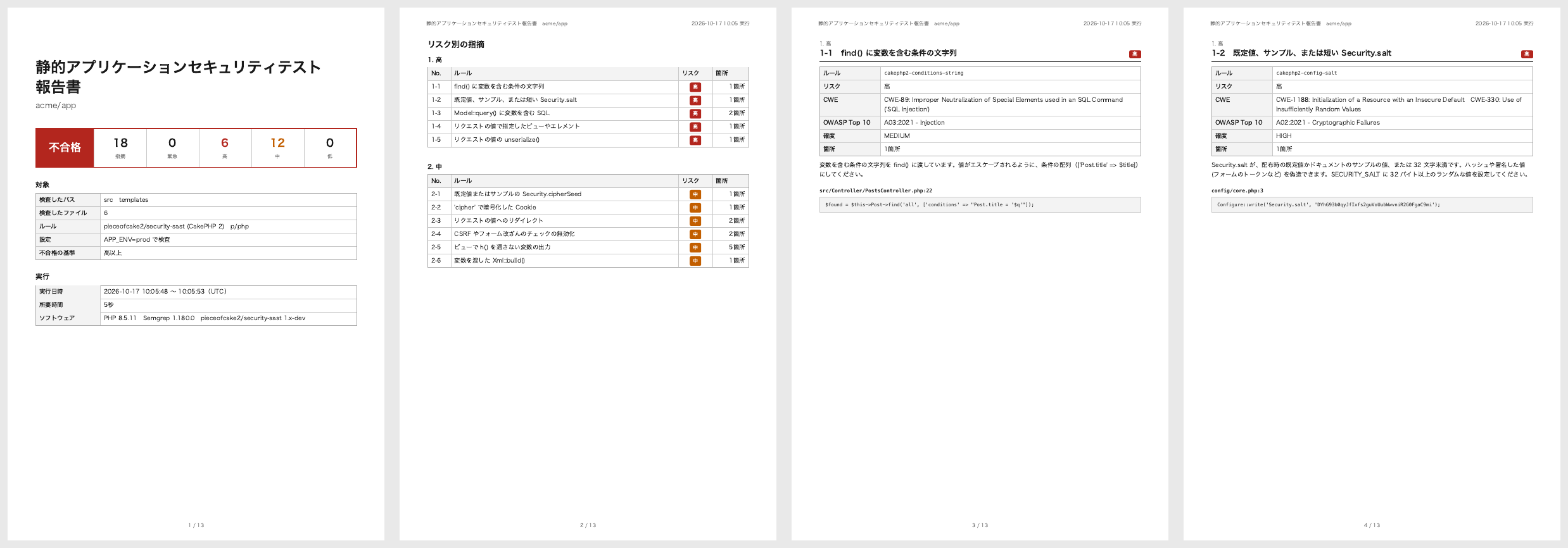 表紙、リスク別の指摘、コードと設定の 2 つのルールのページ