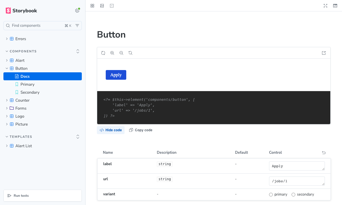 The Docs page of a component, with the PHP code shown by "Show code"