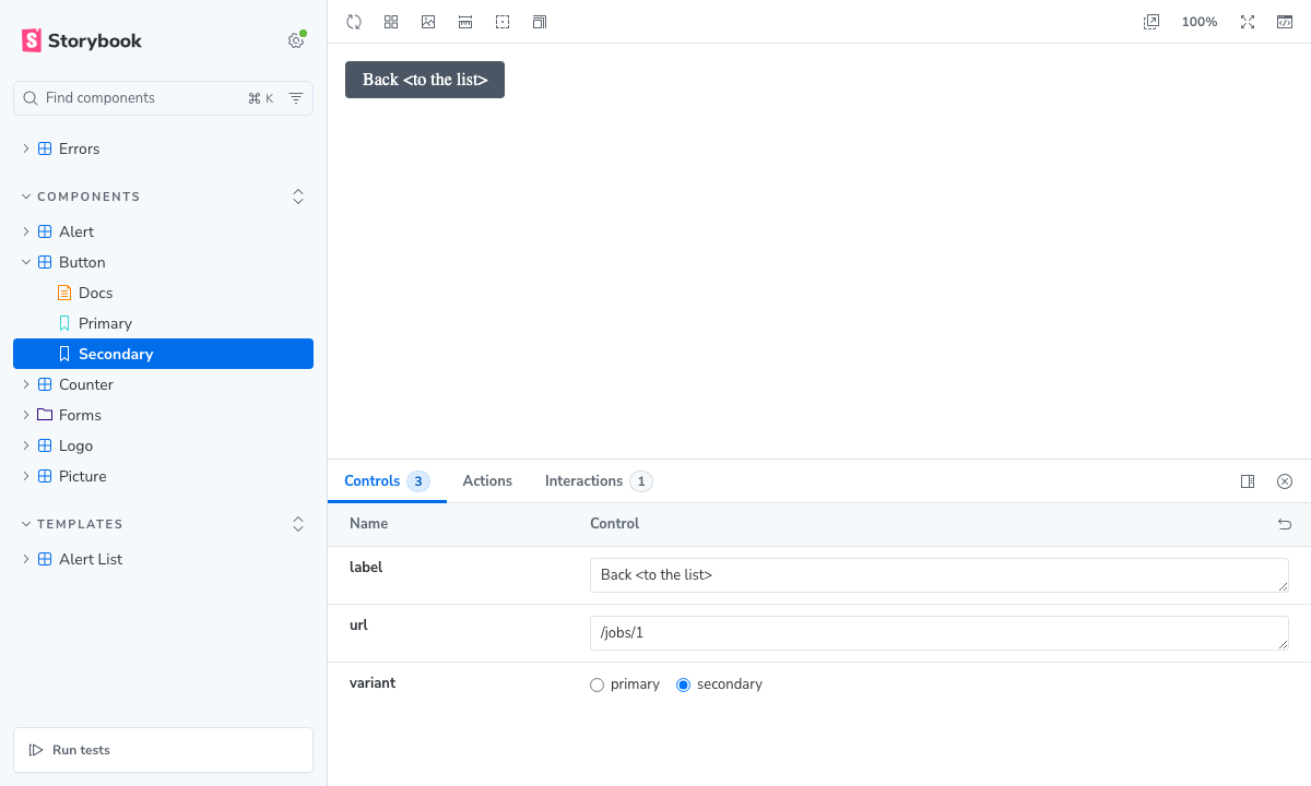 A story of the test application in Storybook, with its args in Controls