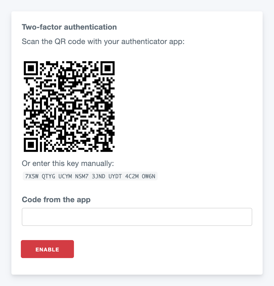 2 要素認証の有効化: 認証アプリ用の QR コードとキー